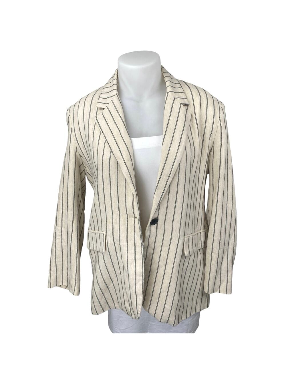 Zara Women's Beige Black Striped Long Sleeve Blazer Coat Suit Jacket Size XL